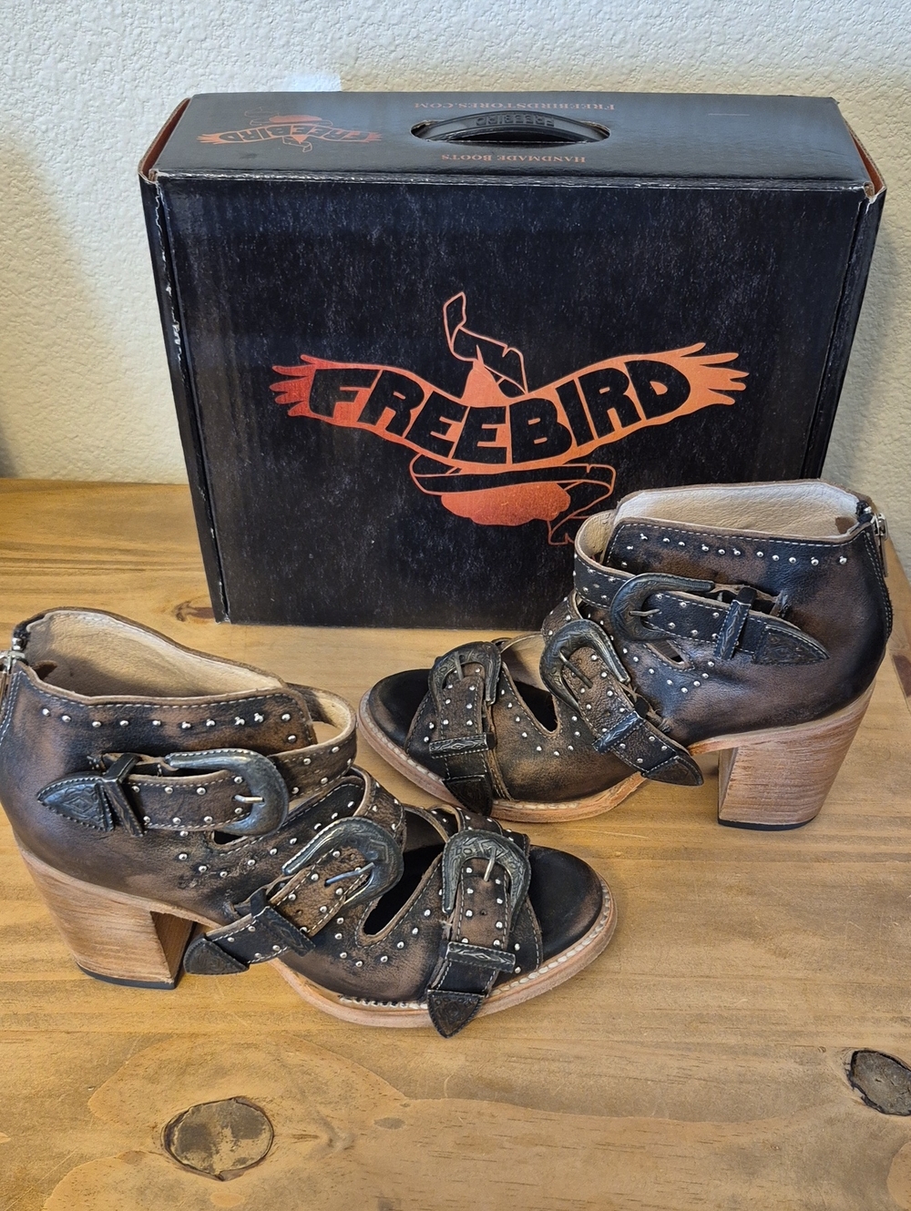 Freebird Distressed Brown Studded Cutout Buckle Heels - Picture 3 of 7